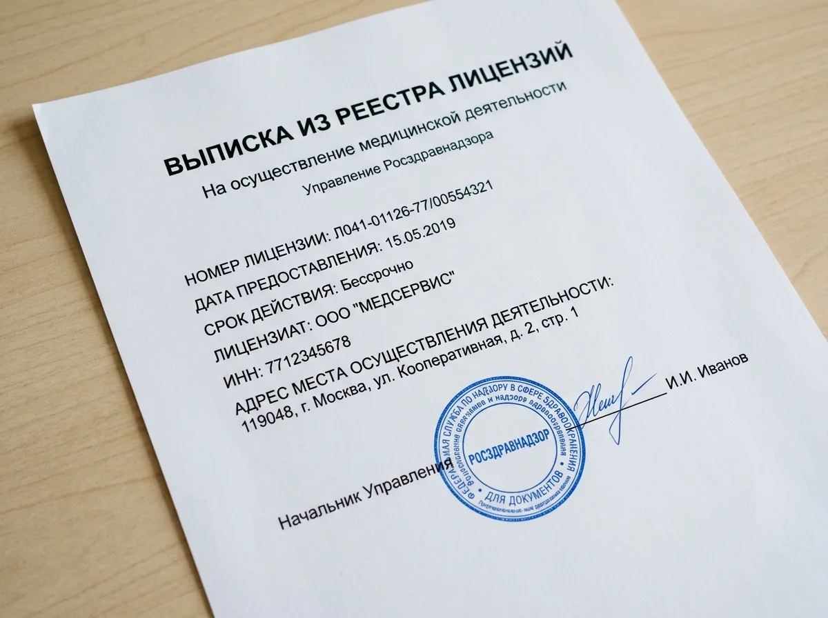 Выписка из реестра лицензий Росздравнадзора, официальный документ государственного образца, белый фон, синяя печать