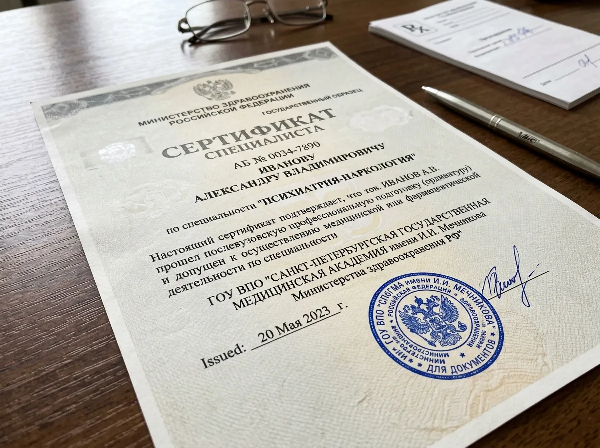 Сертификат специалиста психиатра-нарколога, государственный образец, белый документ, официальная печать медицинского учреждения
